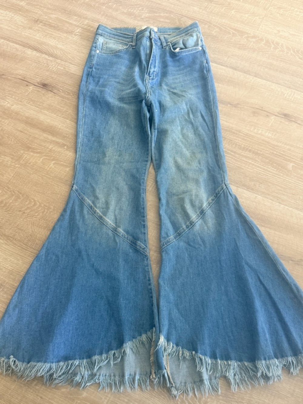 Free People Two-Tone Blue Wide-Leg Flare Jeans with Frayed Hem